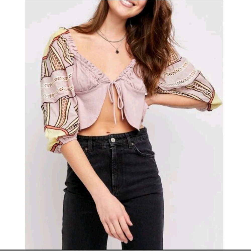 Free People Crop Top XS Boho Balloon Sleeve Crochet Lace Peasant Festival